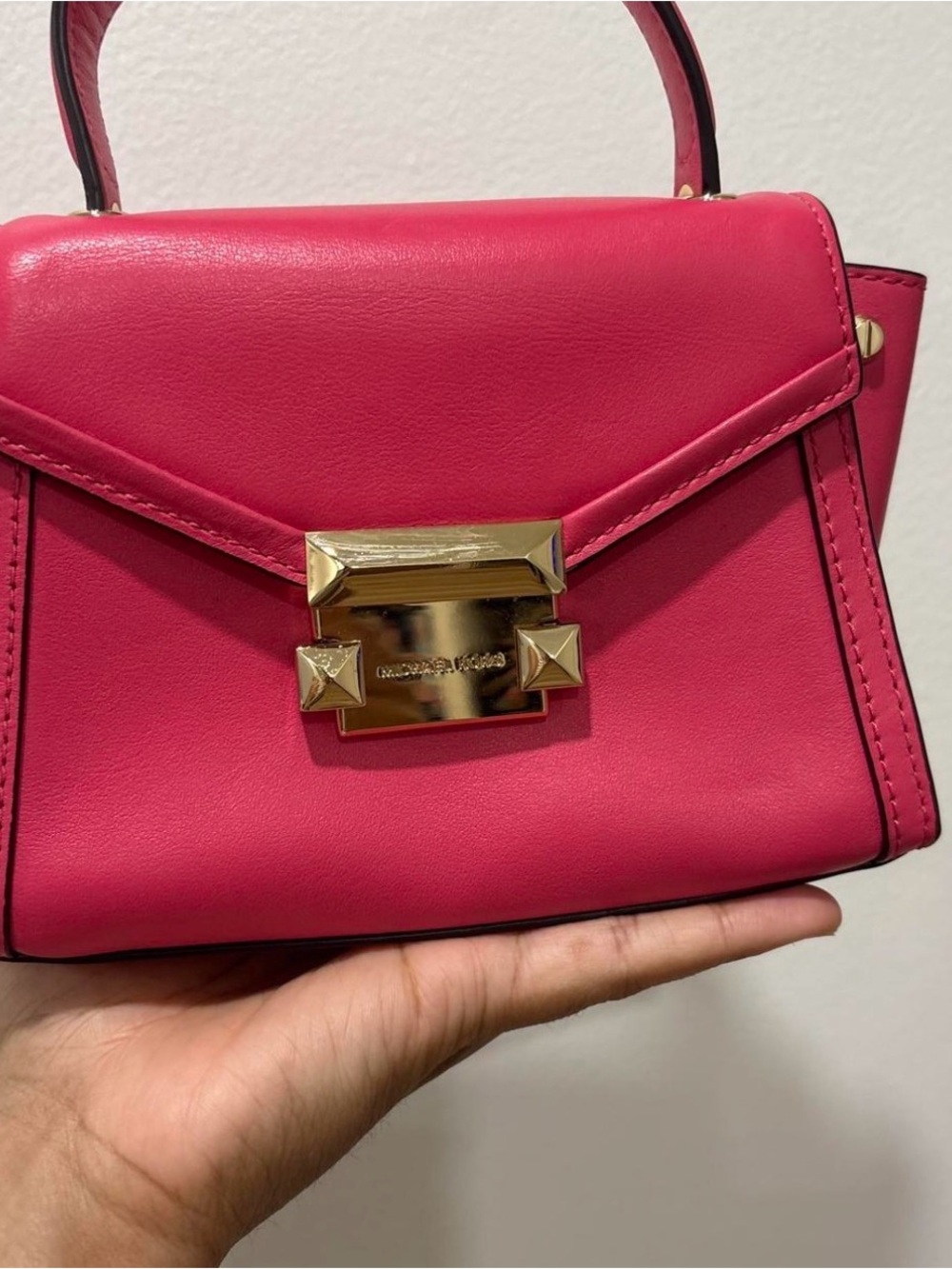 Michael Kors Hot Pink Leather Mini Whitney Top-Handle Bag with Gold Hardware